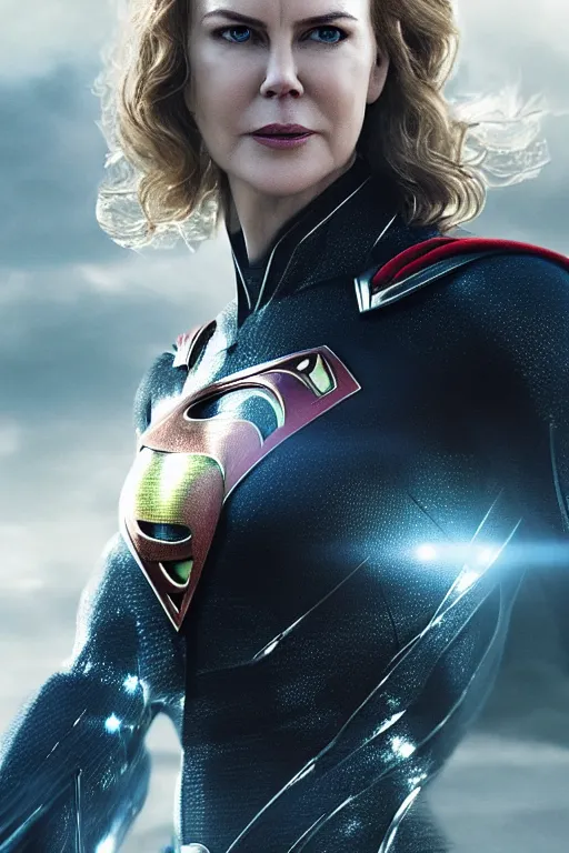 Image similar to a fancy close up of Man of Steel cast as Nicole Kidman by Greg Rutkowski, Sung Choi, Mitchell Mohrhauser, Maciej Kuciara, Johnson Ting, Maxim Verehin, Peter Konig, 8k photorealistic, cinematic lighting, HD, high details, dramatic, trending on artstation, full body armour