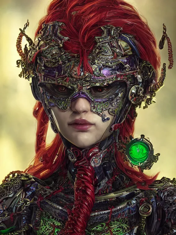 Image similar to portrait art of 8k ultra realistic green-eyed girl,intricate red crown on small purple tentacles, detailed intricate red ornate armour, cybernetic, full of colour, cinematic lighting, trending on artstation, 4k, hyperrealistic, focused, extreme details,unreal engine 5, cinematic, masterpiece, art by ayami kojima,