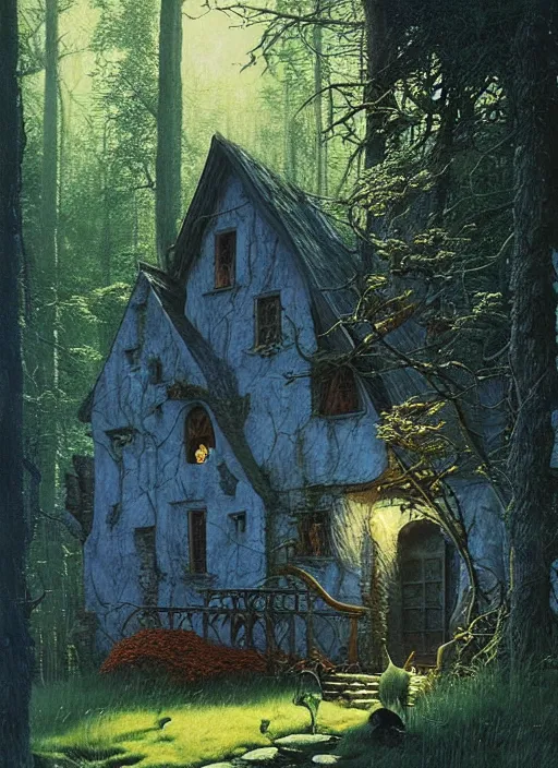 Image similar to hyper realistic witch cottage with mood lighting and technology in the woods gorgeous lighting, sunbeams blue sky, highly detailed, lush forest foliage painting by zdzisław beksinski and norman rockwell and greg rutkowski weta studio, and lucasfilm