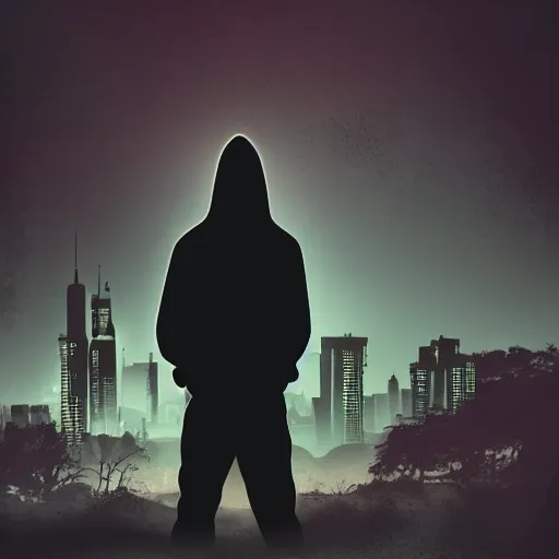 Image similar to digital art cyberpunk landscape silhouette of young man in a hoodie in the foreground