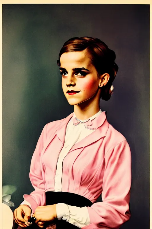 Image similar to photo photorealistic portrait photograph Emma Watson as penthouse maid 1950s portrait by Norman Rockwell