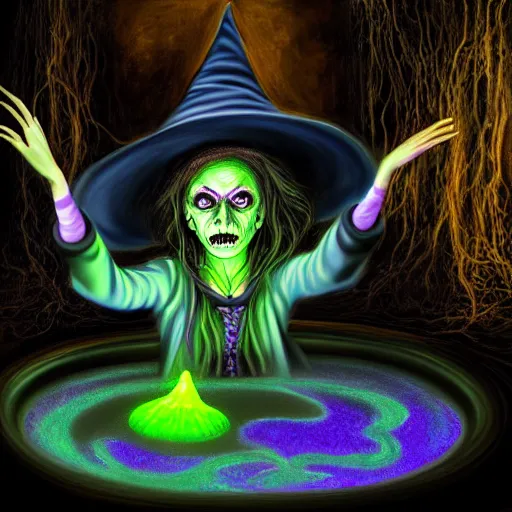 Image similar to a portrait of a scary ugly witch that is brewing a wicked potion in her cauldron that is marked with magical symbol that are glowing, highly detailed, digital photo, hdri, by christopher bretz and john carpenter, vivid colors, high contrast, 8 k resolution, intricate, photorealistic, smooth, psychedelic color scheme, concept art, award winning, cg society contest winner