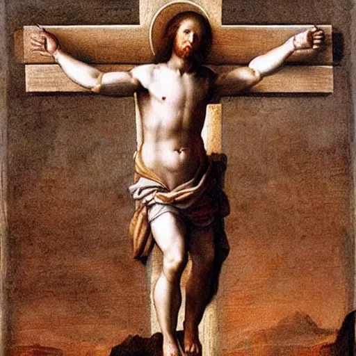 Image similar to Mark zuckerberg on the cross, painting by Leonardo da Vinci