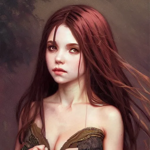 Prompt: Portrait of a beautiful young vampire girl chibi bare midriff, intricate, elegant, highly detailed, digital painting, artstation, concept art, smooth, sharp focus, illustration, art by artgerm and greg rutkowski and alphonse mucha