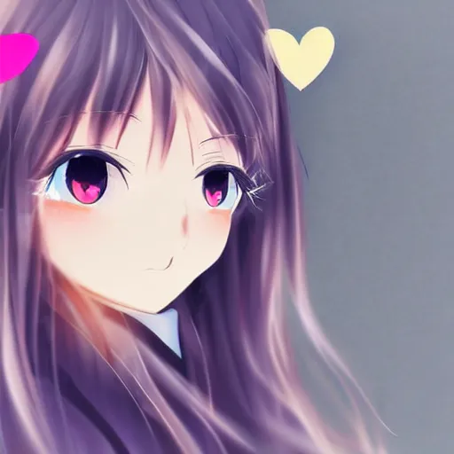 Prompt: anime girl with hearts in her eyes blushing looking straight forward, close up portrait.