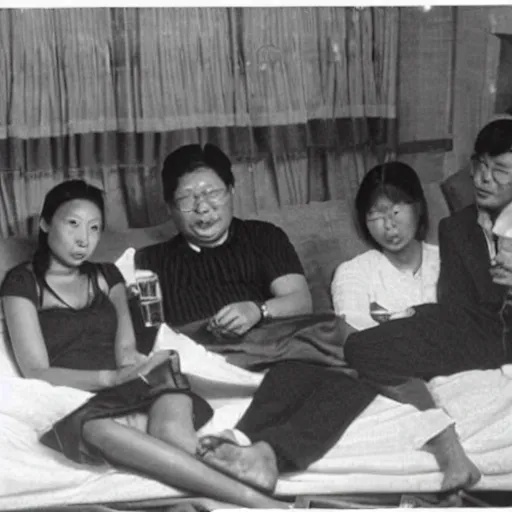 Prompt: chogyam trungpa drinking beer in his bed with his female students sitting around him