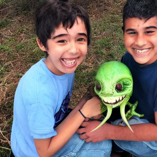 Prompt: a photograph of students smiling while holding an alien they found in a field