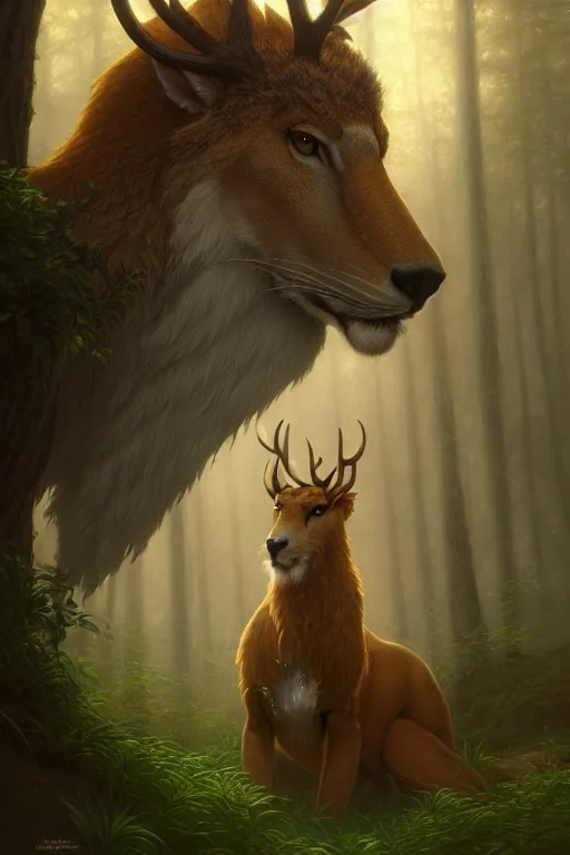 Prompt: a portrait of the King of the Forest, illustration, soft lighting, soft details, painting oil on canvas by Edmund Blair Leighton and Charlie Bowater octane render trending on artstation d&d characters, 4k, 8k, HD