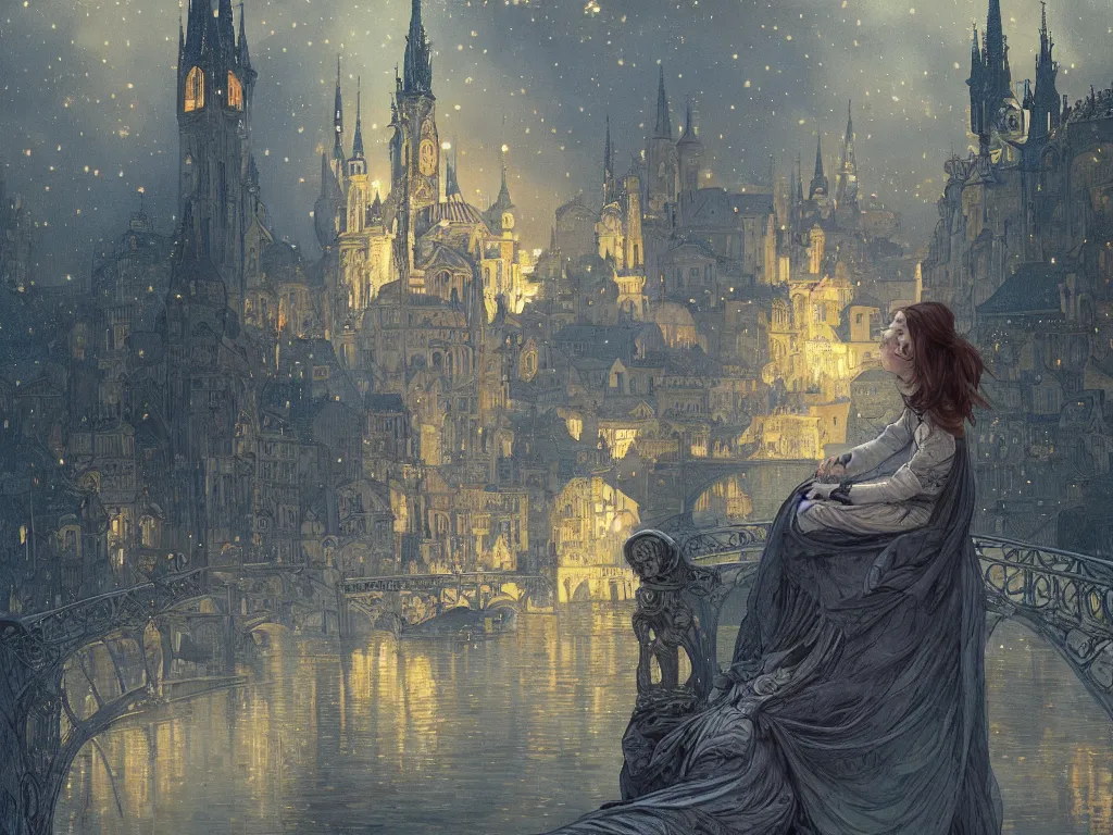 Prompt: a girl watching from the river of a city resembling prague, paris, and venice at night with the sky full of stars, intricate, elegant, highly detailed, digital painting, artstation, concept art, smooth, sharp focus, colored illustration for tattoo, art by krenz cushart and artem demura and alphonse mucha,