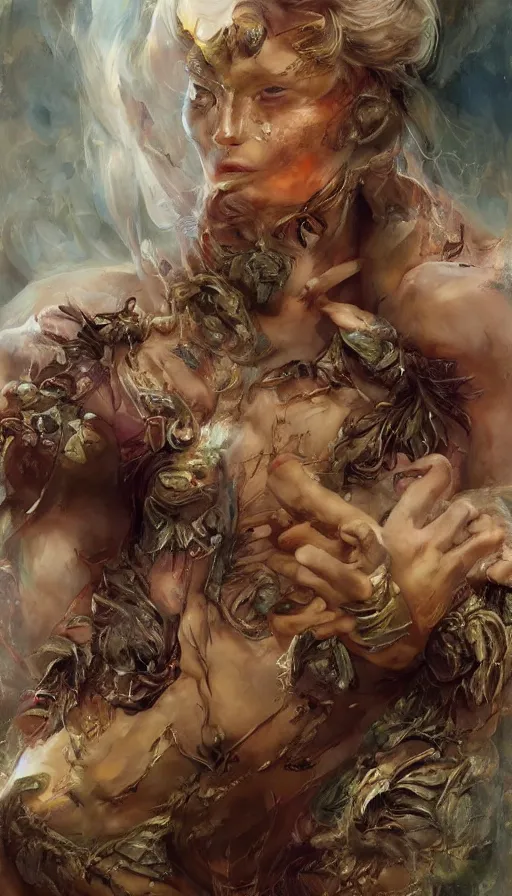 Image similar to epic masterpiece goddess of fire, sweaty skin, hyperrealistic, octane render, cinematic, beautiful face and flawless skin, perfect hands, 5 fingers, by Edgar Maxence and Ross Tran and Michael Whelan, Legends of Runeterra