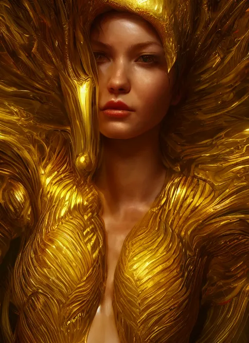 Image similar to female golden venom, naturel, hyper detailed, digital art, trending in artstation, cinematic lighting, studio quality, smooth render, unreal engine 5 rendered, octane rendered, art style by klimt and nixeu and ian sprigger and wlop and krenz cushart