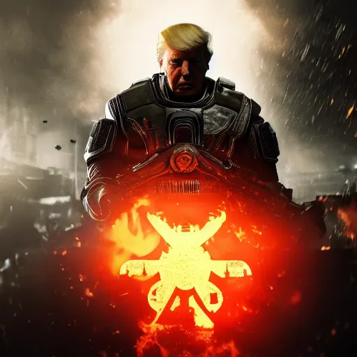 Image similar to Portrait of Donald Trump as the punisher in Gears of War, splash art, movie still, cinematic lighting, dramatic, octane render, long lens, shallow depth of field, bokeh, anamorphic lens flare, 8k, hyper detailed, 35mm film grain