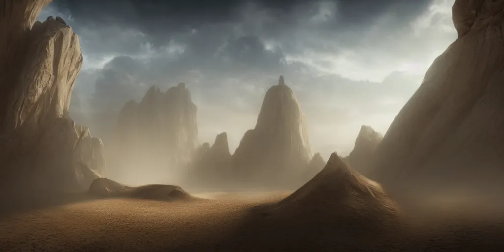 Prompt: kingdom made of sand, superwide angle, light through the mist, dramatic lighting, photorealistic, cinematic lighting, high detail, cinematic feel, high octane, 4 k, unreal engine, digital render, intricate, ultra realistic, concept art