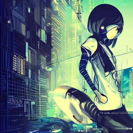 Image similar to Frequency indie album cover, luxury advertisement, blue filter, blue and black colors. Clean and detailed post-cyberpunk sci-fi close-up schoolgirl in asian city in style of cytus and deemo, blue flame, relaxing, calm and mysterious vibes, by Tsutomu Nihei, by Yoshitoshi ABe, by Ilya Kuvshinov, by Greg Tocchini, nier:automata, set in half-life 2, GITS, Blade Runner, Neotokyo Source, Syndicate(2012), dynamic composition, beautiful with eerie vibes, very inspirational, very stylish, with gradients, surrealistic, dystopia, postapocalyptic vibes, depth of field, mist, rich cinematic atmosphere, perfect digital art, mystical journey in strange world, beautiful dramatic dark moody tones and studio lighting, shadows, bastion game, arthouse