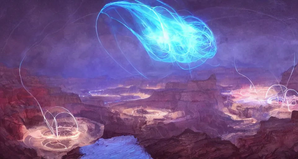 Image similar to night, a lot of people and a spiral - shaped white luminous attractor is floating in grand canyon, concept art, art for the game, professional lighting, art