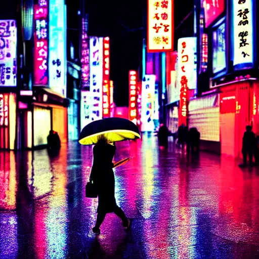 Image similar to a woman holding an umbrella, walking down the streets of tokyo, with neon signs, while it's raining. cinematic lighting, digital art. award winning.