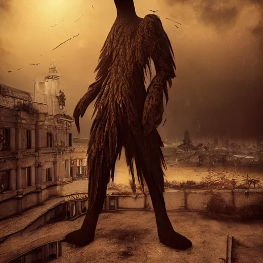 Prompt: Crow Fursuit, centre composition, dark clouds, golden hour, surreal abandoned buildings, dream-like heavy atmosphere, baroque painting, beautiful detailed intricate insanely detailed octane render trending on Artstation, 8K artistic photography, photorealistic, dramatic volumetric cinematic perfect light, chiaroscuro, award-winning photograph, masterpiece,