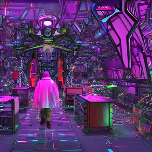 Image similar to you see a technomagical laboratory cluttered with computers and arcane components. in the middle of the room a technomancer wizard in robes whispers to his synthesized ai djinn. behind them is a large supercomputer. the room is lit with dayglow pink and blue dazzle camouflage patterns.