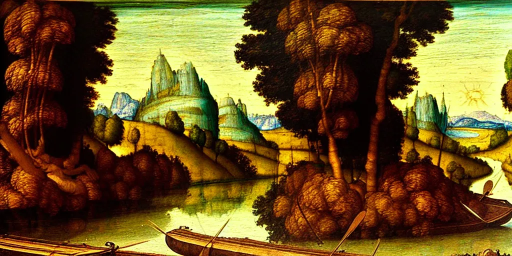 Image similar to A very detailed painting in the style of Leonardo Da Vinci featuring a river in Europe surrounded by trees and fields. A rubber dinghy is slowly moving through the water. Sun is shining