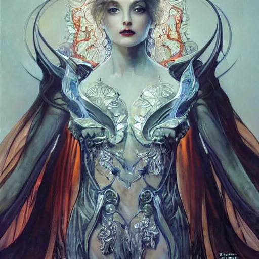 Image similar to 3/4 body portrait of the firedragon queen by artgerm and H R Giger and alphonse mucha, HD, full body dragon concept, flying dragon, Human body with dragon features, beautiful queen, perfect face, perfect body, 10/10 would dream again, fantasy, intricate, elegant, highly detailed, digital painting, artstation, concept art, smooth, sharp focus, illustration, ray tracing, 4k realistic 3d rendered portrait, soft shading, soft colors, relaxed colors, hyperdetailed, wide angle lens, fantasy, futuristic horror, armor style of giger