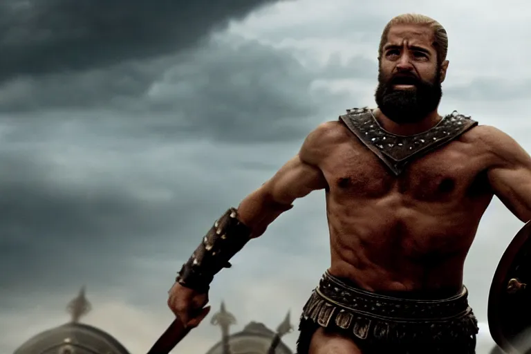 Image similar to cinematic action shot of joe biden as leonidas in 3 0 0 movie, 8 k, epic moody sky, dramatic lighting