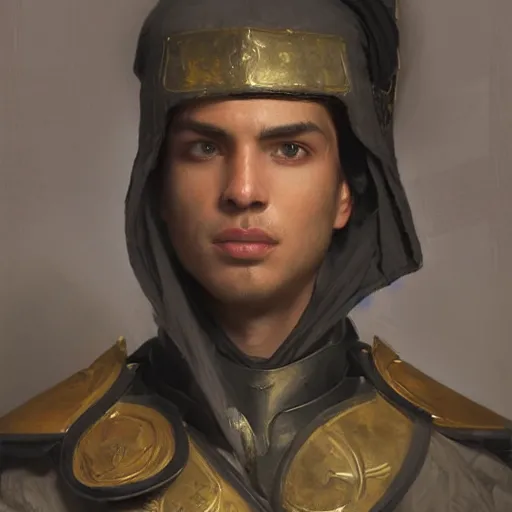 Prompt: Medium closeup young idealistic and pious homely male Imperial soldier wearing a black tabard with light yellow accents over a gambeson and a small!!! barbut helm, by Raymond Swanland Greg Rutkowski Lise Deharm, {perfect face}, {perfect eyes}