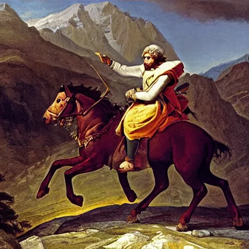 Image similar to benjamin netanyahu crossing the alps, oil painting by jacques - louis david