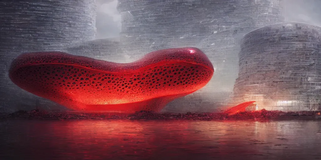 Image similar to An epic architectural rendering of a blob shaped trypophobia house with a mysterious red glow emitting from inside in a modern cityscape next to a river, by Zaha Hadid and Greg Rutkowski, tunning, gorgeous, golden ratio, photorealistic, featured on artstation, 4k resolution