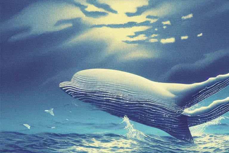 Prompt: An aesthetically pleasing, dynamic, energetic, lively, well-designed digital art of a whale, ripples, waves, sea foam, light and shadow, ocean caustics, overlaid with aizome patterns, by Ohara Koson and Thomas Kinkade, traditional Japanese colors, superior quality, masterpiece