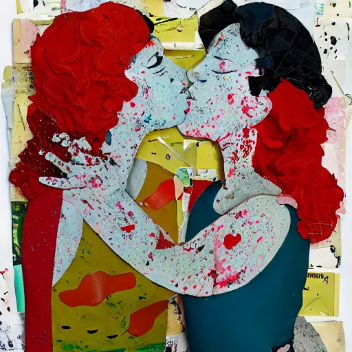 Prompt: two lobster women kissing at a carnival, mixed media collage, retro, paper collage, magazine collage, acrylic paint splatters, bauhaus, abstract claymation, layered paper art, sapphic visual poetry expressing the utmost of desires by jackson pollock