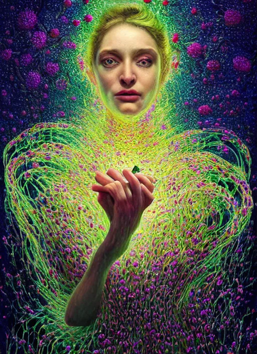 Image similar to hyper detailed 3d render like a Oil painting - Aurora (Singer) Eats of the Strangling Fruit of penance open eyes and Her Hands full of gossamer polyp blossoms bring iridescent fungal flowers whose spores black the foolish stars by Jacek Yerka, Mariusz Lewandowski, Houdini algorithmic generative render, Abstract brush strokes, Masterpiece, Edward Hopper and James Gilleard, Zdzislaw Beksinski, Mark Ryden, Wolfgang Lettl, hints of Yayoi Kasuma, octane render, 8k