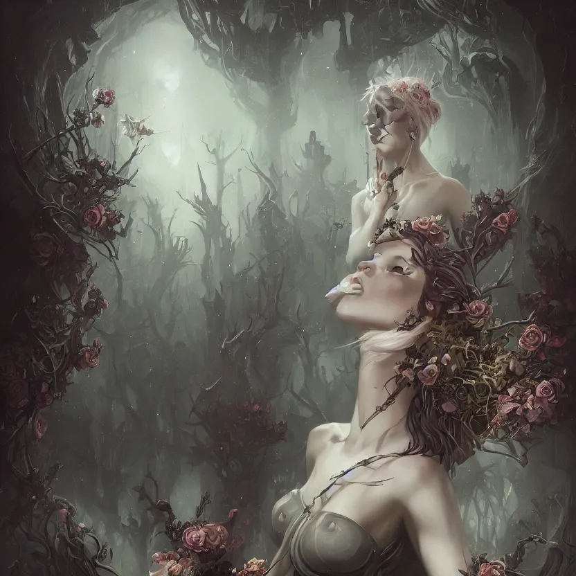 Image similar to portrait of a Gothic goddess of floral rivars, mystical, dark and mysterious, atmospheric, ominous, eerie, cinematic, Epic, 8k, 4k, ultra detail, ultra realistic, rendered by Peter Mohrbacher, Artstation, fantasy art