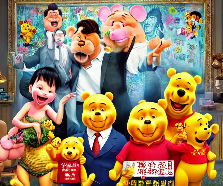 Prompt: hyperrealism the hangover movie still photography of real detailed high xi jinping with detailed face with high winnie the pooh marijuana dmt lsd ecstacy cocaine hyperrealism photography by araki nobuyoshi, wlop, pixar