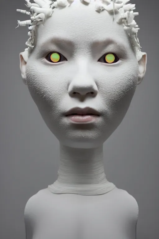 Prompt: full head and shoulders, bjork porcelain sculpture, smooth, delicate facial features, white eyes, white lashes, detailed white, lots of 3 d cyborg elements, prosthetic, anatomical, all white features on a white background, by daniel arsham and james jean