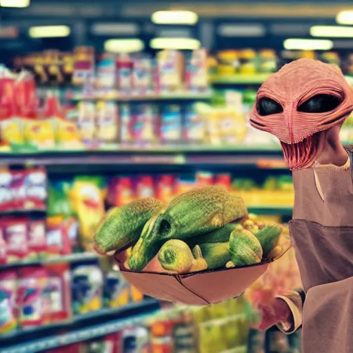 Image similar to mid shot of an alien buying groceries at the store shot by amanda carlson and alex strelkovv, professional photo, masterpiece, very detailed, hyper - realistic, cinematic, 4 k