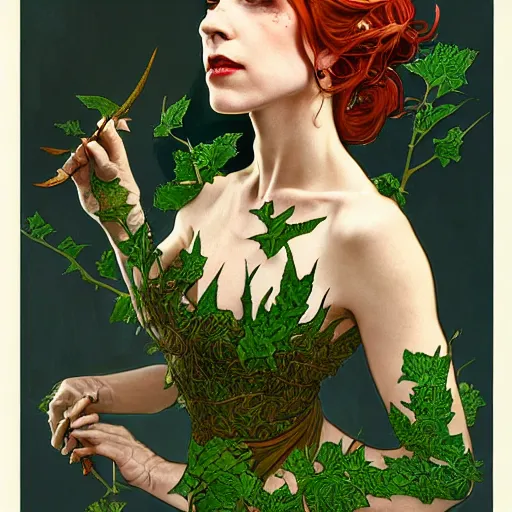 Image similar to a stunningly detailed tarot card of a beautiful alison hannigan dressed as poison ivy with white skin and with hair pulled up in a ponytail, dark eyeliner, intricate, elegant, highly detailed, digital painting, artstation, concept art, sharp focus, illustration, art by greg rutkowski and alphonse mucha