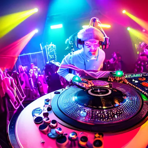 Image similar to award winning photo of an octopus dj with tentacles simultaneously placed turntables cdjs and knobs of a pioneer dj mixer. sharp, blue and fuschia colorful lighting, in front of a large crowd, studio, medium format, 8 k detail, volumetric lighting, wide angle, at an outdoor psytrance festival main stage at night