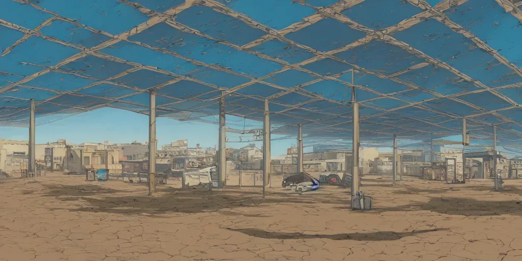 Image similar to an old and abadoned israeli bus station in the negev, without people, noon, sunlights, wide shot, digital art, ghibli style, vivid colors, flat colors, trending on artstation, high quality