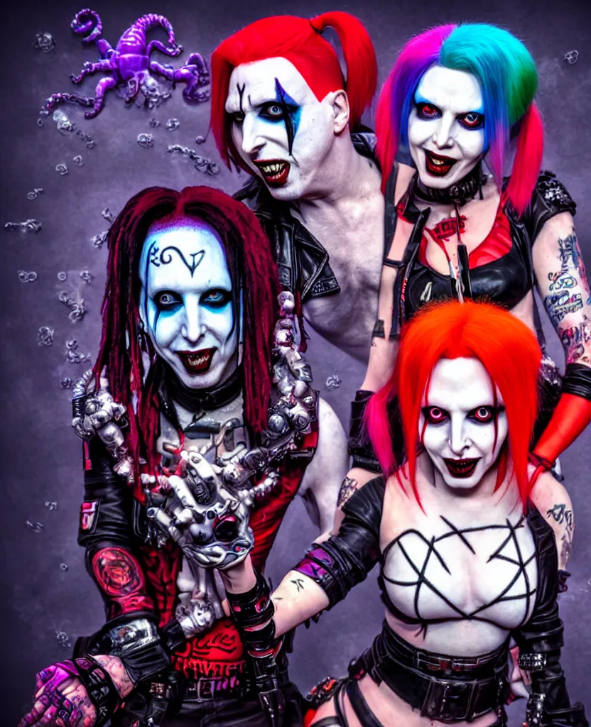 Prompt: Marilyn Manson and Ziggy Ramirez as Harley Quin (The Suicide Squad), epic angle and pose, symmetrical artwork, 3d with depth of field, blurred background, cybernetic jellyfish female face skull phoenix bird, translucent, nautilus, energy flows of water and fire. a highly detailed epic cinematic concept art CG render. made in Maya, Blender and Photoshop, octane render, excellent composition, cinematic dystopian brutalist atmosphere, dynamic dramatic cinematic lighting, aesthetic, very inspirational, arthouse. y Greg Rutkowski, Ilya Kuvshinov, WLOP, Stanley Artgerm Lau, Ruan Jia and Fenghua Zhong