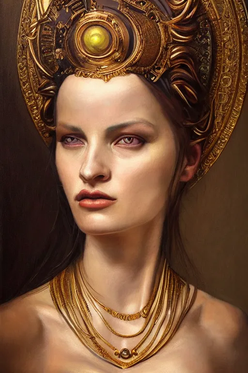 Prompt: hyper realistic painting portrait of rachel brice, occult diagram, elaborate details, detailed face, intrincate ornaments, gold decoration, occult art, oil painting, art noveau, in the style of roberto ferri, gustav moreau, david kassan, bussiere, saturno butto, boris vallejo