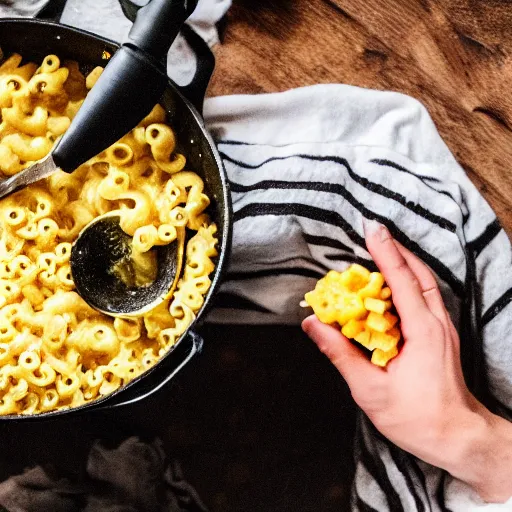 Image similar to top - heavy 2 0 year old with messy black hair and big beard cooks mac and cheese late at night, fish eye lens