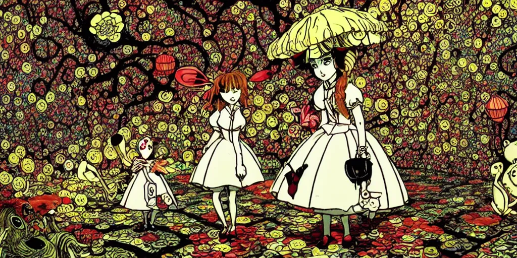 Prompt: alice in wonderland ( 2 0 1 0 ) movie still frame by yuko shimizu by murakami by tim burton