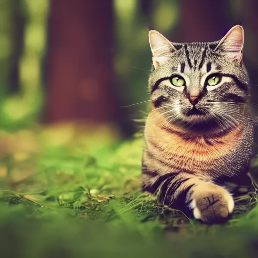 Prompt: cat in deep forest, photorealistic, 4 k, 5 0 mm, bokeh