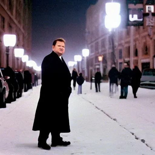 Prompt: 1 9 9 8 andy richter wearing a black wool coat and necktie standing on the streets of chicago at night in winter, dynamic lighting, holiday season.