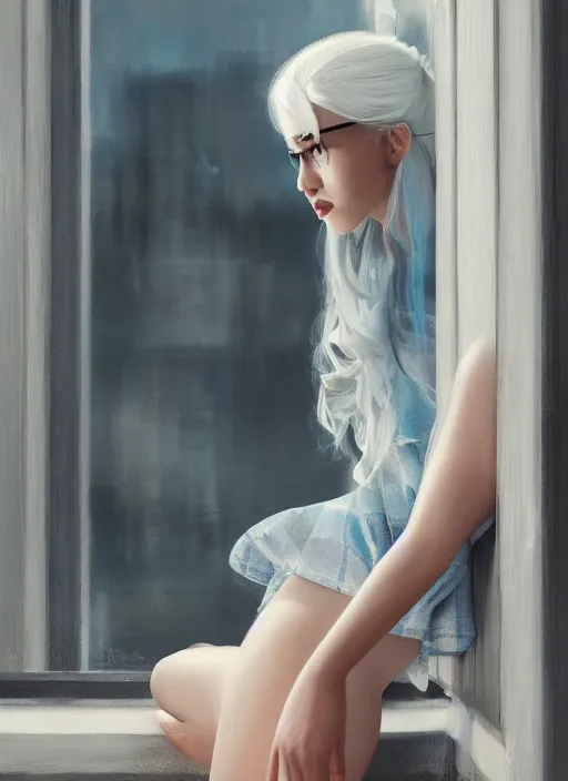 Prompt: white haired girl in a miniskirt sitting on a window, plaid skirt, cyberpunk, expressive oil painting, night, highly detailed, trending on artstation, octane render, beautiful detailed face, vivid colors