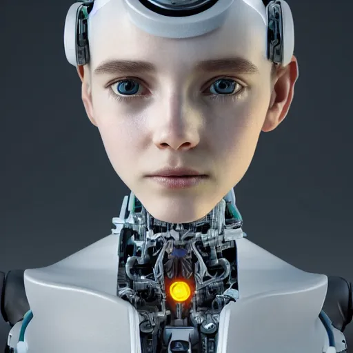 Prompt: beautiful Fine art photography of a contemplative solarpunk part robot mostly human girl with real human face, expressive eyes, white background, highly detailed, medium shot, photorealism, sun lighting 8k