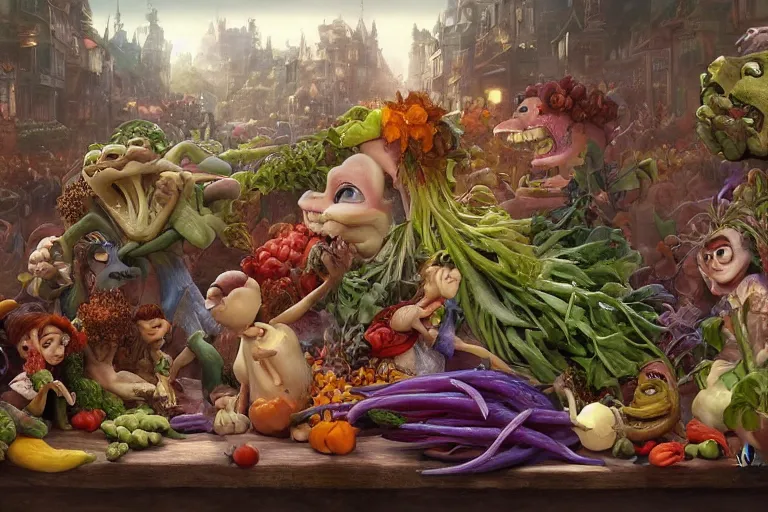 Prompt: vegetable creatures parade on a cutting board in the kitchen, digital art, realistic, pixar style, highly detailed, cinematic, matte painting, vivid colors, realistic, epic lighting, by greg rutkowski and artgerm and alphonse mucha