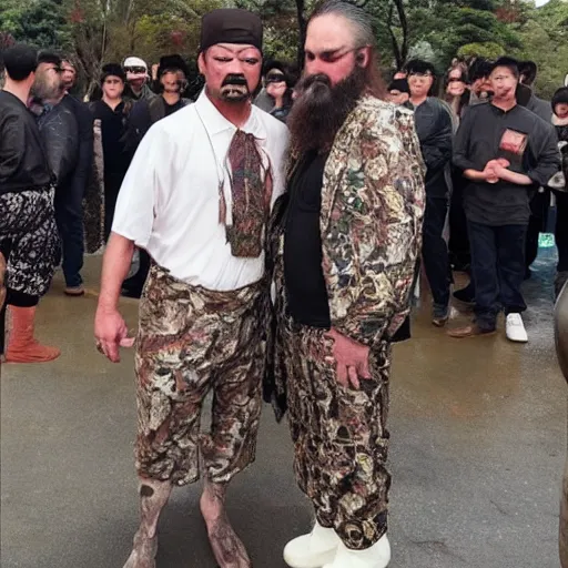 Prompt: duck dynasty dress as yakuza, award winning photograph, radiant atmosphere