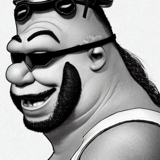 Image similar to Muscular Shrek with a handlebar mustache, goggles, a biker hat, and wearing a sleeveless ripped black leather jacket, portrait, digital art, trending on artstation, very detailed, highly detailed, HD quality, 8k resolution