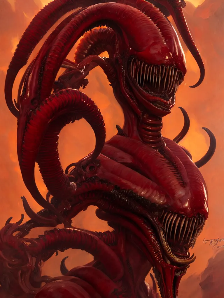 Image similar to painted close - up portrait of a very attractive red - skinned intimidating demon xenomorph queen with ram horns! oil painting, wearing a noblewoman's outfit, fantasy art by john singer sargent and gaston bussiere and james jean and greg rutkowski, demon noble character design, hd